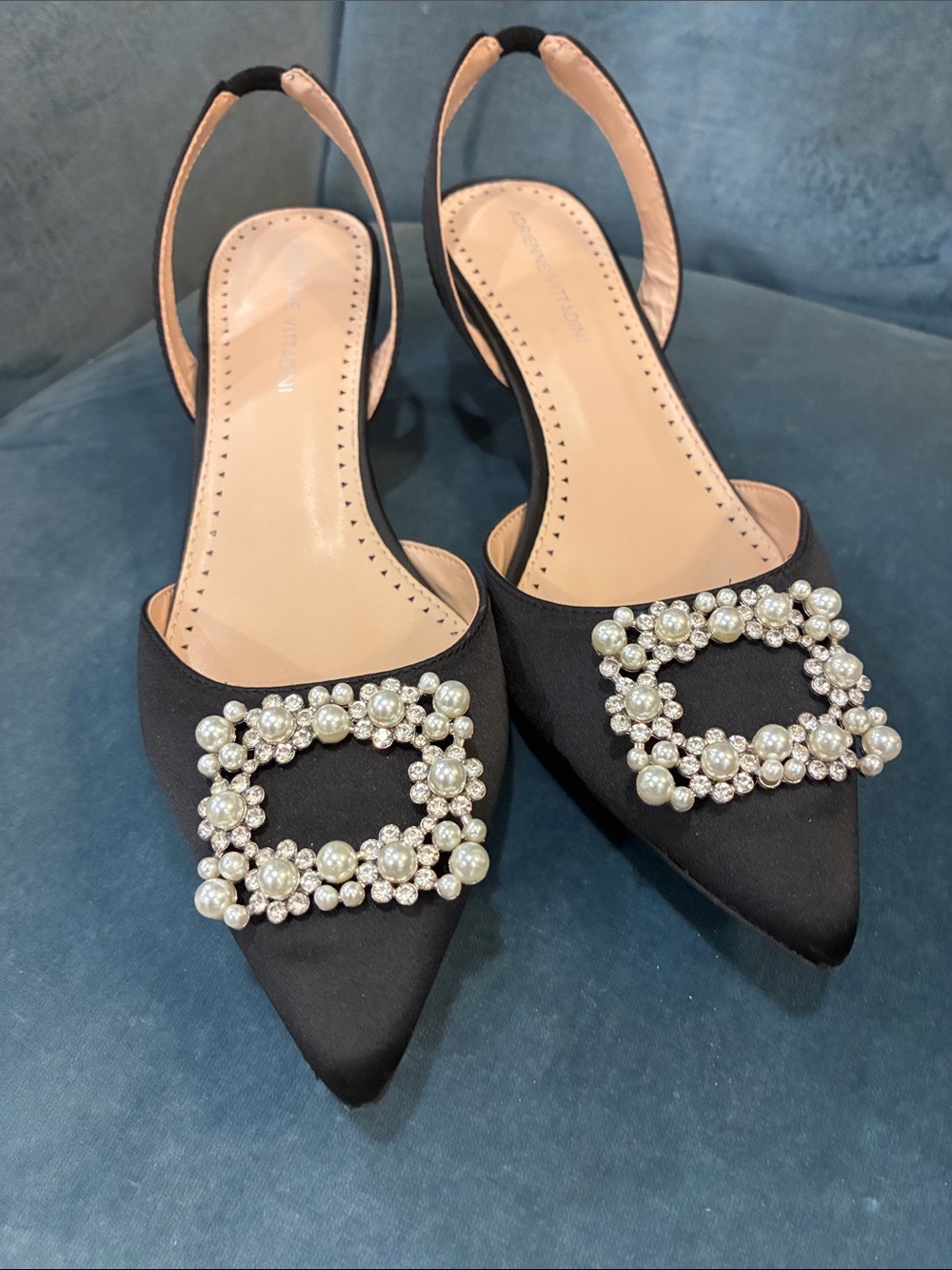 Adrienne Vittadini Black Pointed Slingback Flats with Pearl Buckle